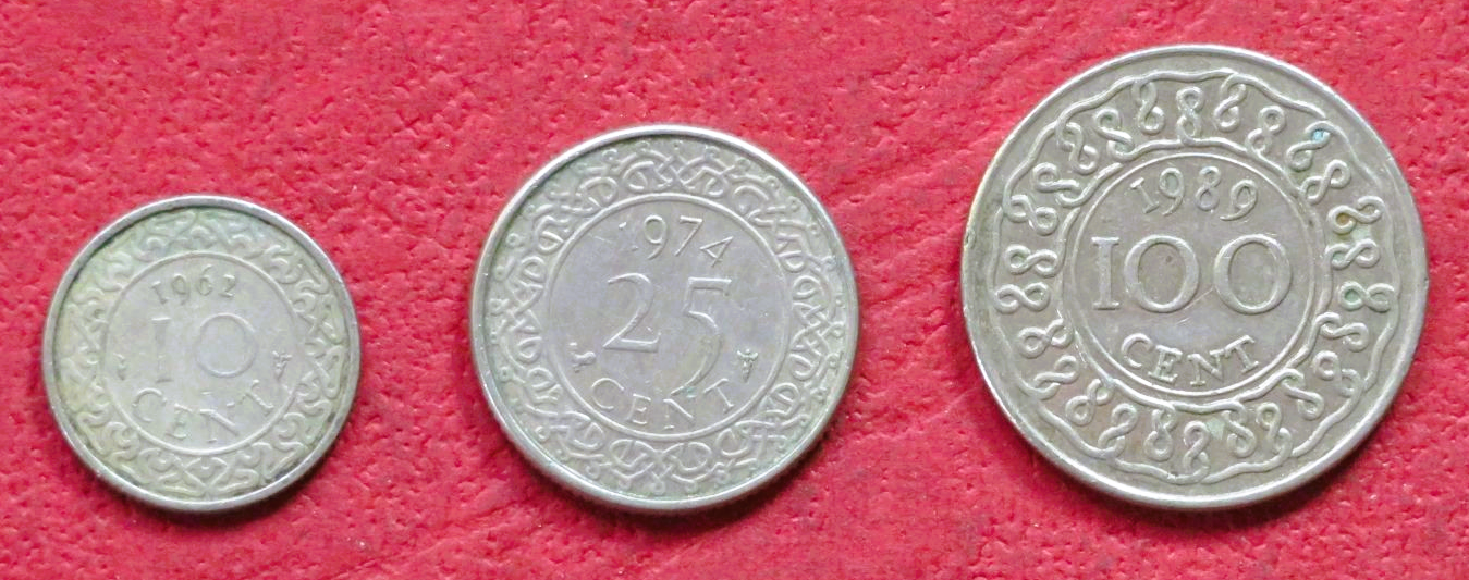 Suriname - Set 1: set of 3 coins, 10-100 Cent, 1962+, circulated (USED / vf)