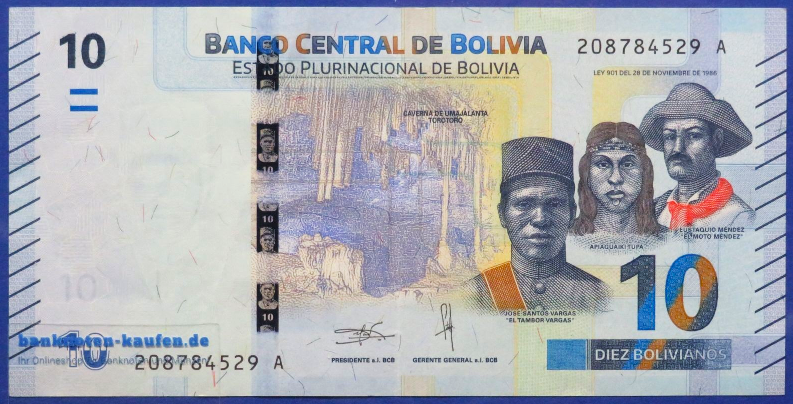 Bolivien, 10 Bolivianos, L. 1986 (2018ND), gebraucht (USED/ VF), P-248