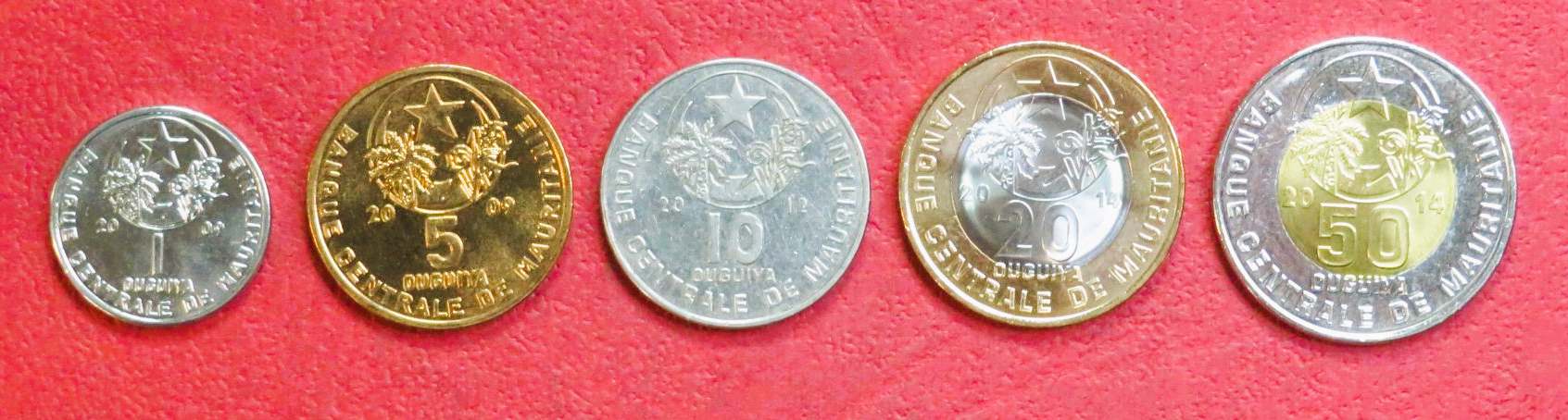 Mauretanien, Set 5 Münzen, 1-50 Ouguiya, 2009-2014, bankfrisch (UNC)