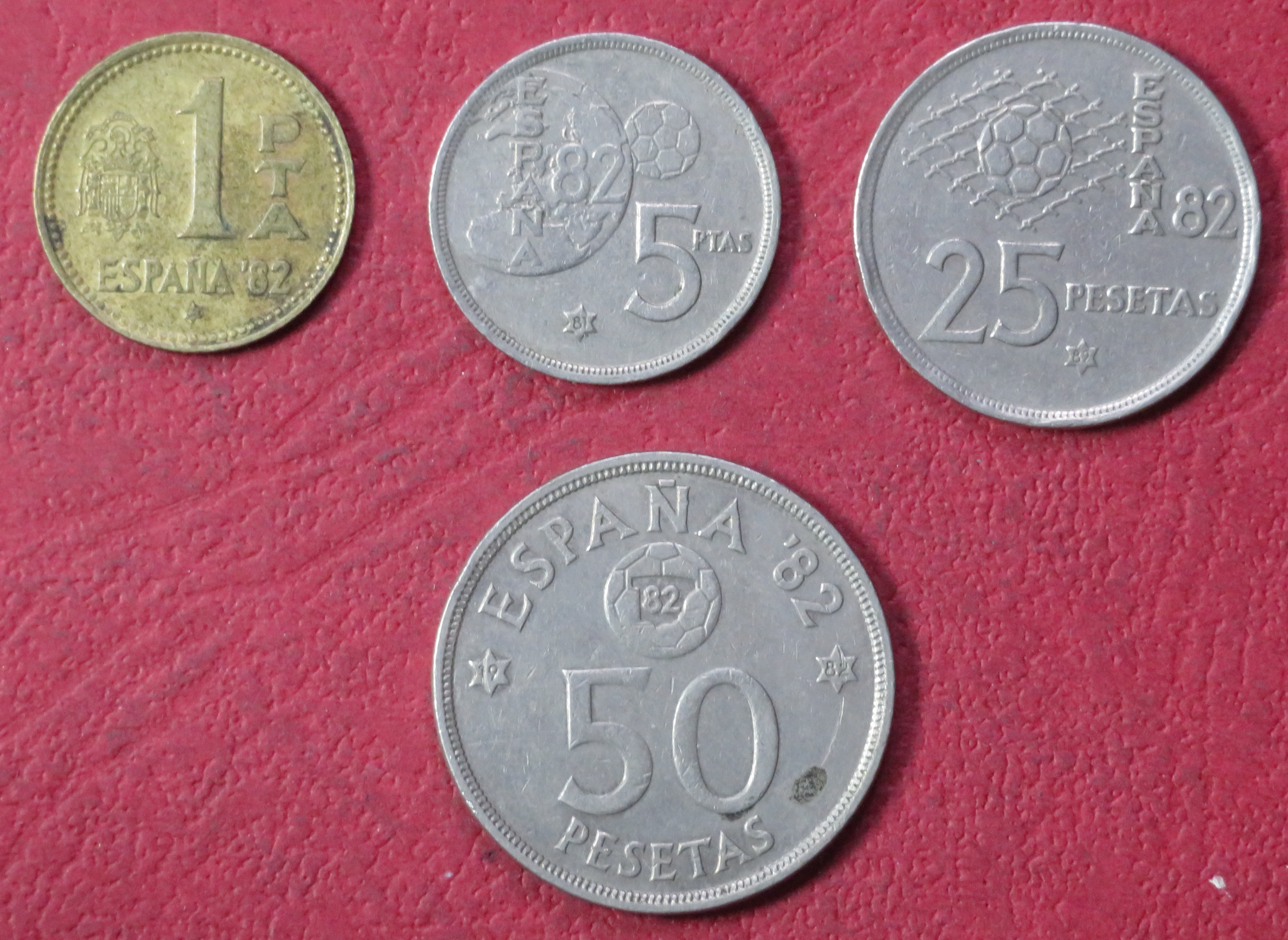 Spain Set 5:  4 coins, 1-50 Pesetas, 1980, circulated (USED), Worldcup `82 Spain   