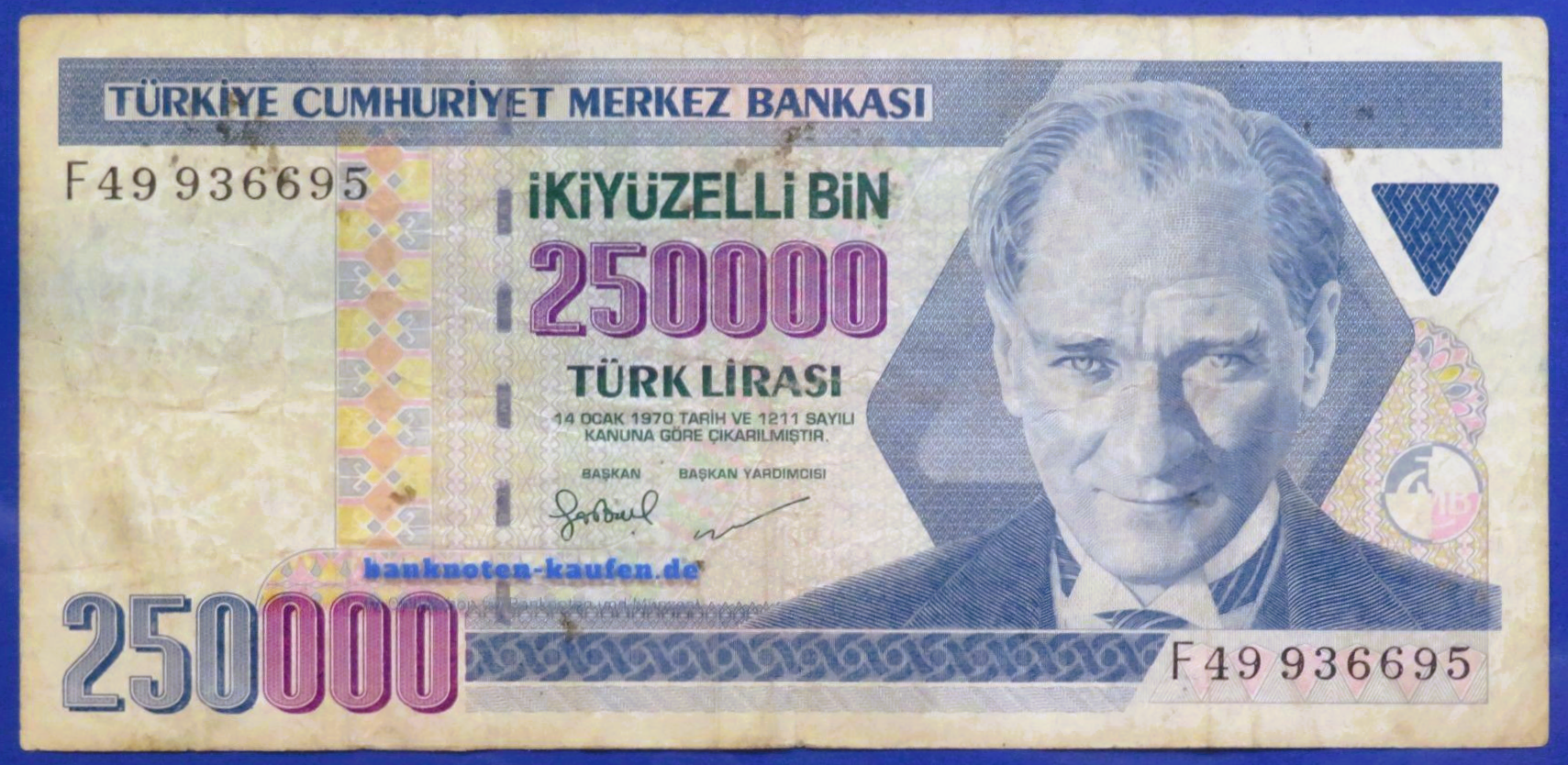 Türkei, 250.000 Lira, 1998ND, gebraucht (USED / VG), P-211