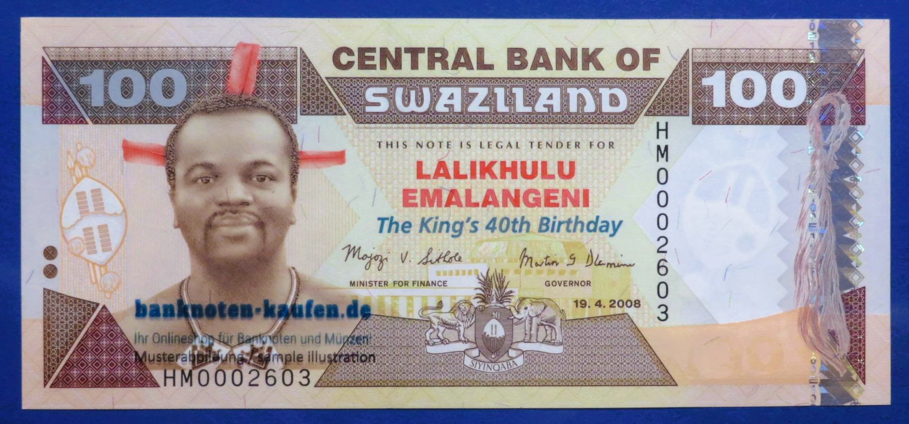 Swasiland, 100 Emalangeni, 2008, fast kassenfrisch (AU), Gedenkausgabe, P-34