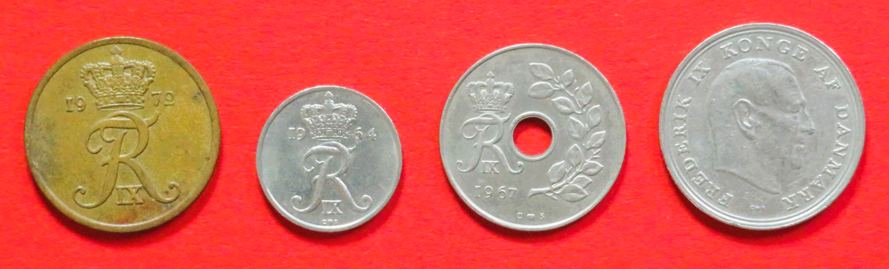 Dänemark - Set 3:  5/10/25 Öre + 1 Krone, 1960-1972, gebraucht (used / ss), # 67/68/70/73