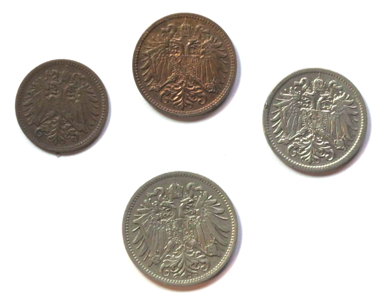Austria - Set 1: 1/2/10/20 Heller, 1903-1912, circulated (USED / vf)