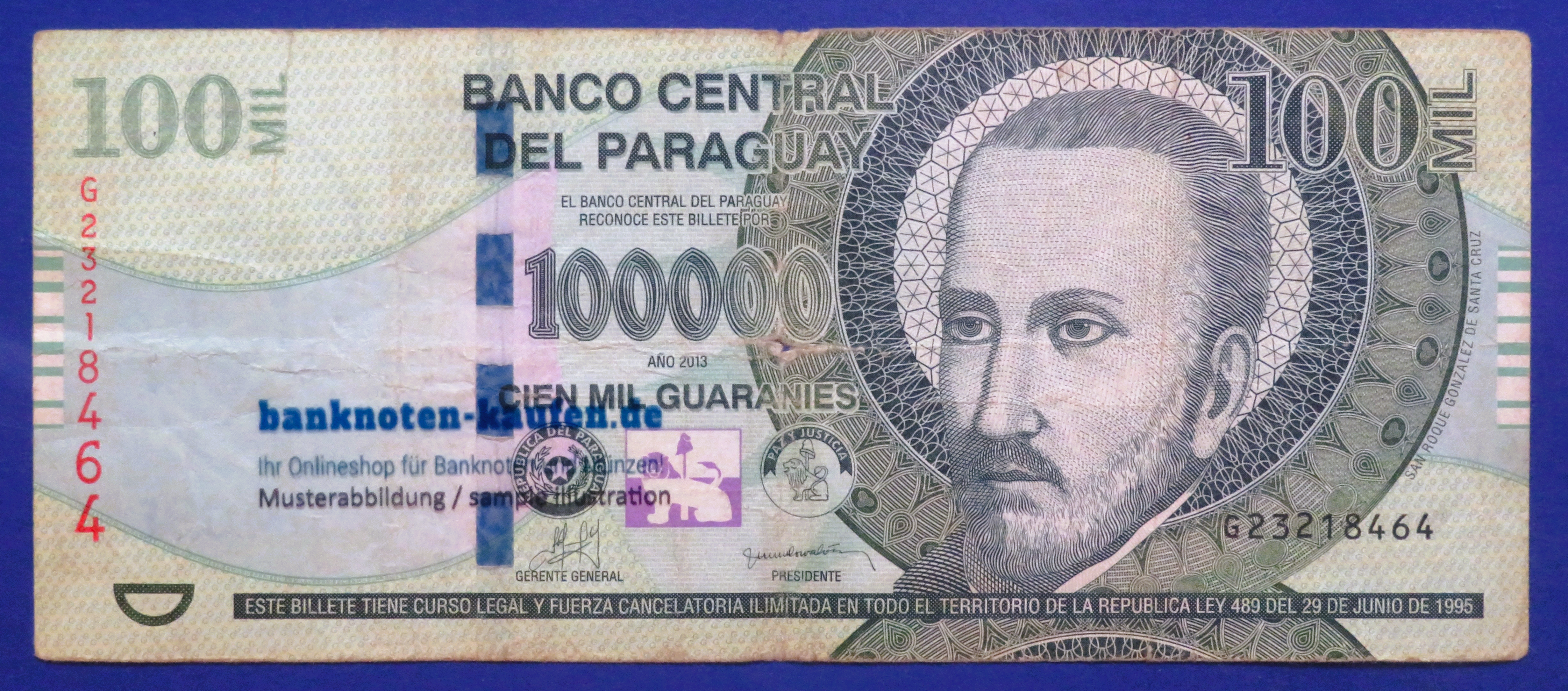 Paraguay - 100,000 Guaranies, 2013, circulated (USED / F), P-237a