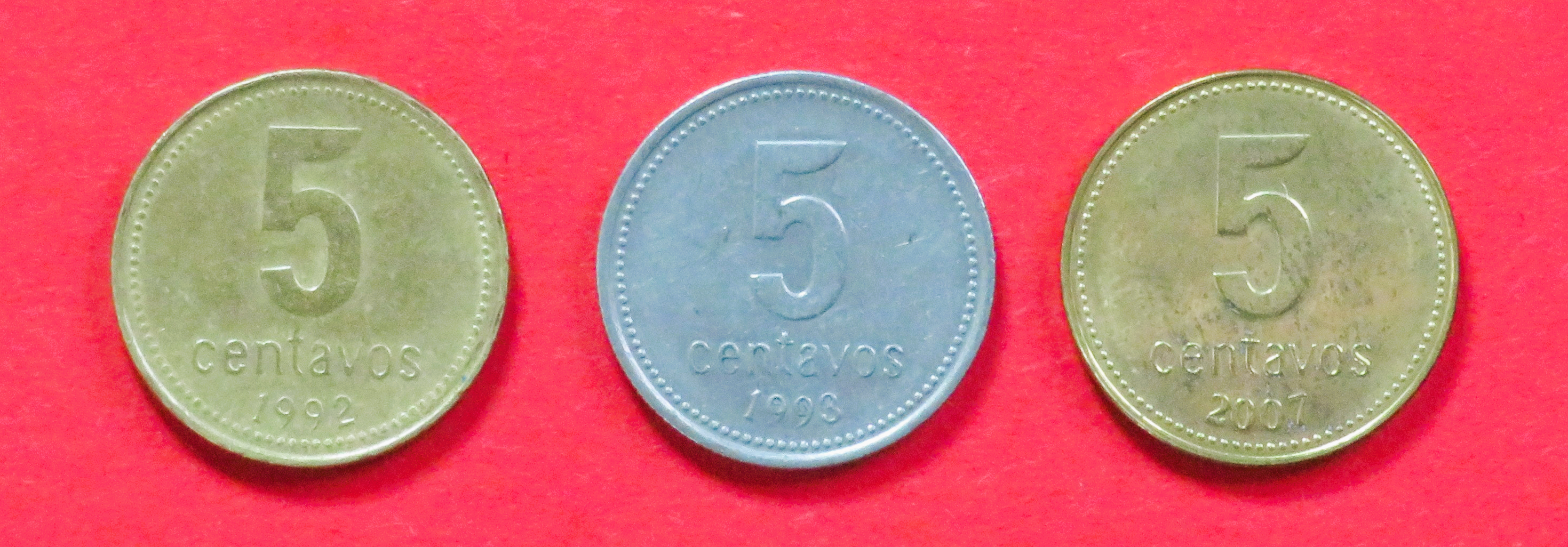 Argentina - Set:  3 x 5 Centavos, 1992+, circulated (used / vf), # 109/109a/109b