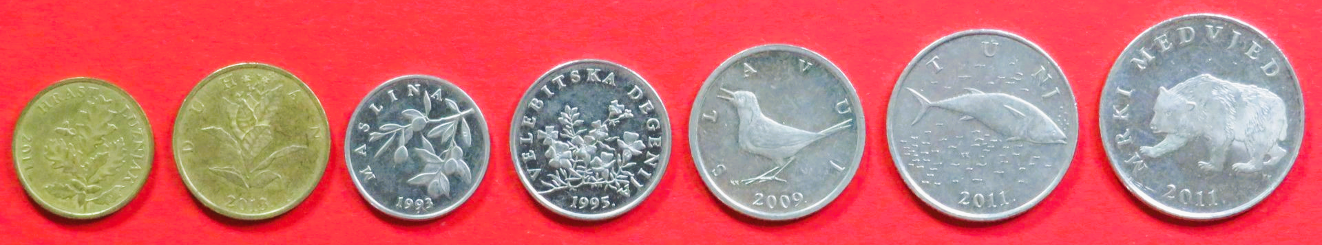 Croatia - Set 1:  5/10/20/50 Lipa + 1/2/5 Kuna, 1993+, circulated (used / vf+), # 9-15 (croatic inscription)