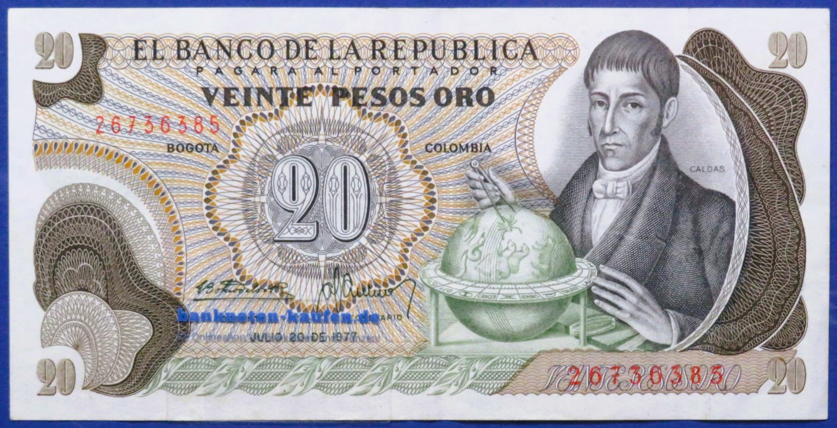 Kolumbien, 20 Pesos oro, 1977, gebraucht (USED / VF), P-409c
