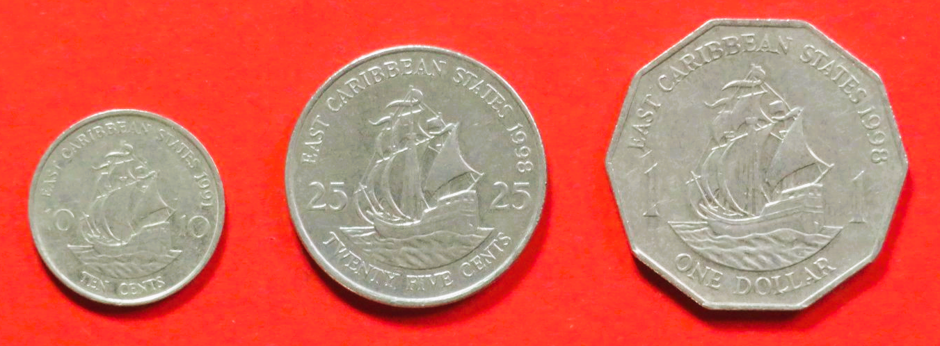 Ostkaribische Staaten - Set 2: 10/25Cents + 1 Dollar, 1981-2000, gebraucht (used / ss+), # 13/14/16