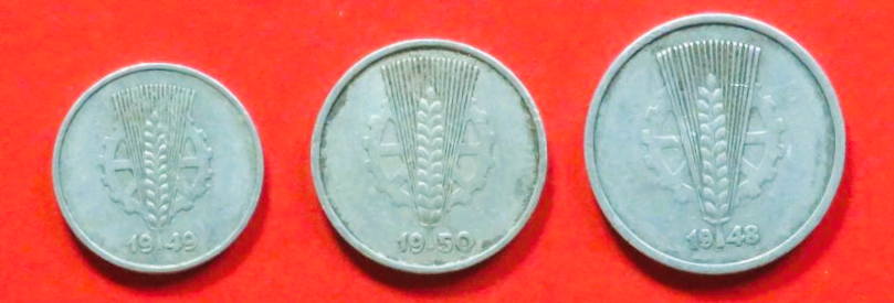 GDR - Set 1: 1/5/10 Pfennig, 1948-1950, circulated (used / vf), # 1-3