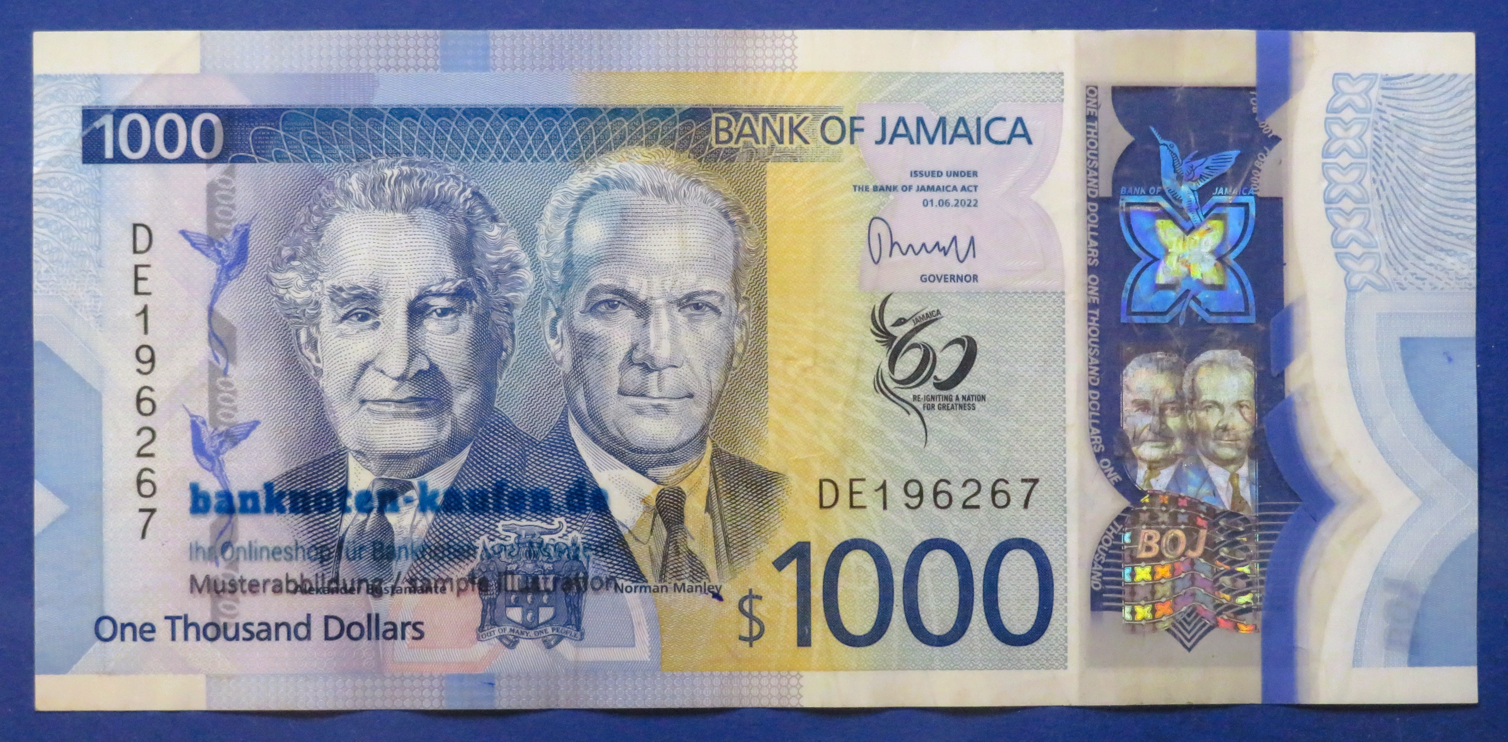 Jamaica - 1,000 Dollars, 2022, circulated (USED / F-VF), Polymer, Commemorative issue