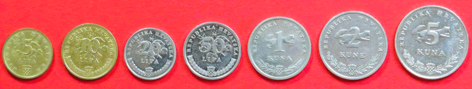 Kroatien - Set 1:  5/10/20/50 Lipa + 1/2/5 Kuna, 1993+, gebraucht (used / ss+), # 9-15 (Inschrift kroatisch)