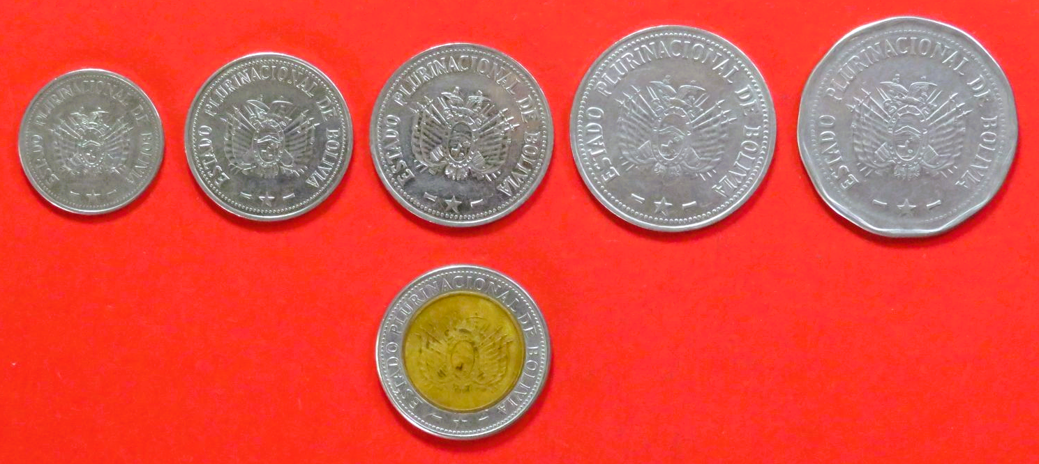 Bolivien - Set 1:  10/20/50 Centavos + 1/2/5 Bolivianos, 2010+, gebraucht (used / ss)