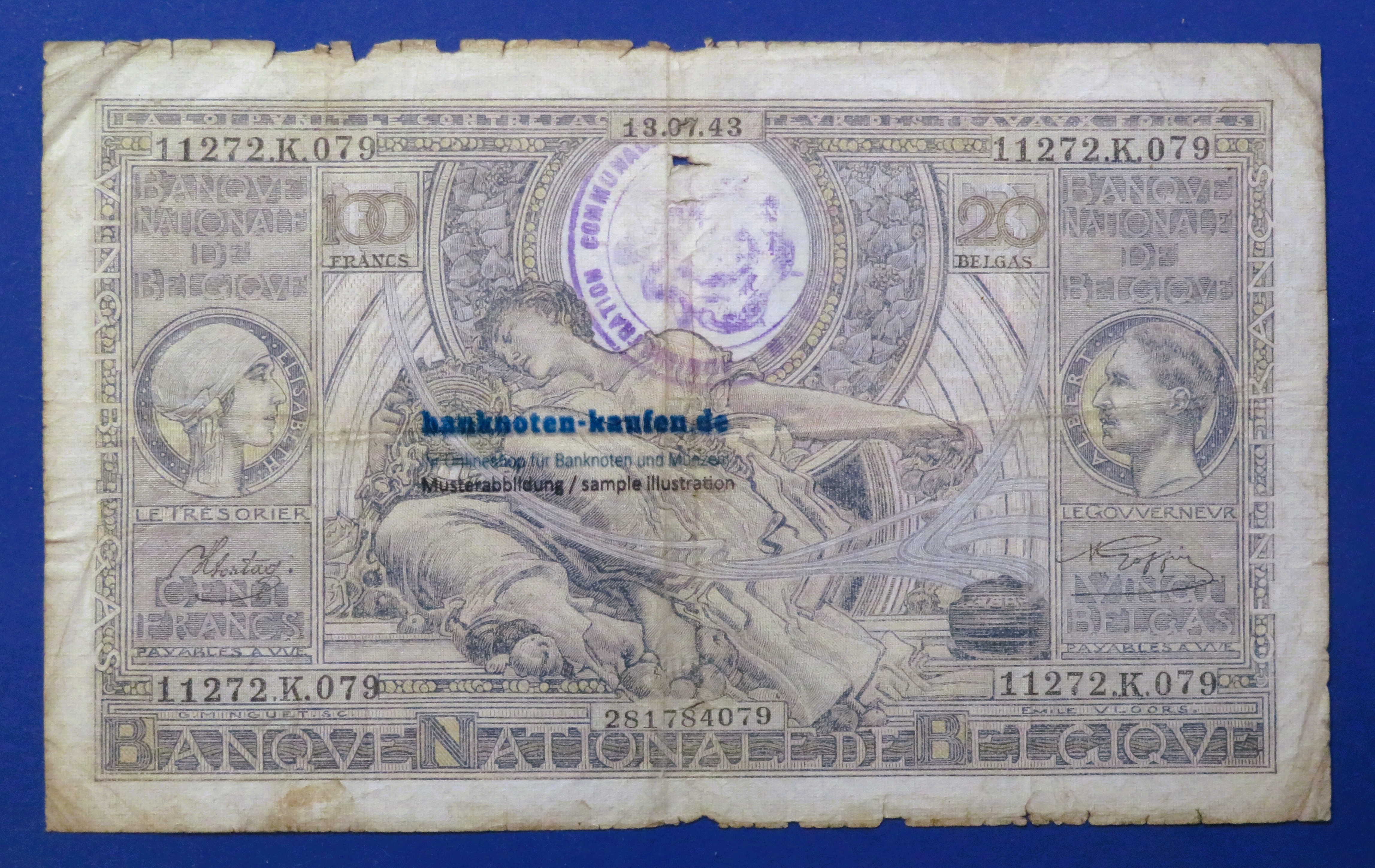 Belgium, 100 Francs / 20 Belgas, 1943, circulated (USED / G), P-107