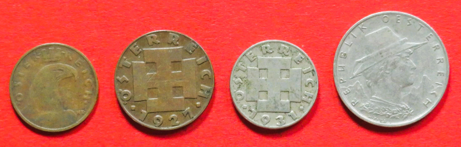 Österreich - Set 4:  1/2/5/10 Groschen, 1925-1938, gebraucht (used / ss), # 39-42