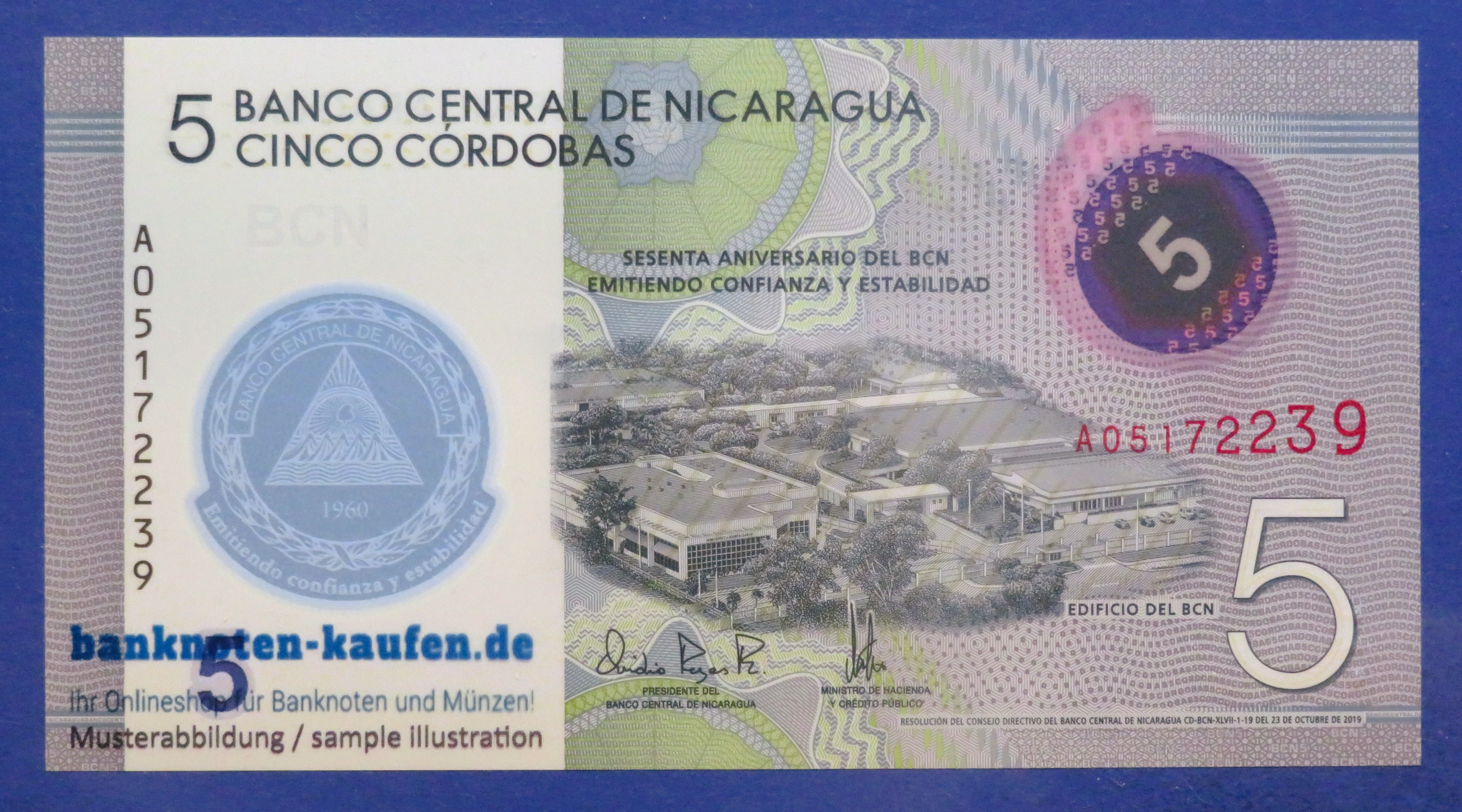 Nicaragua, 5 Cordobas, 2019, uncirculated (UNC), Polymer, Commemorative issue, P-219