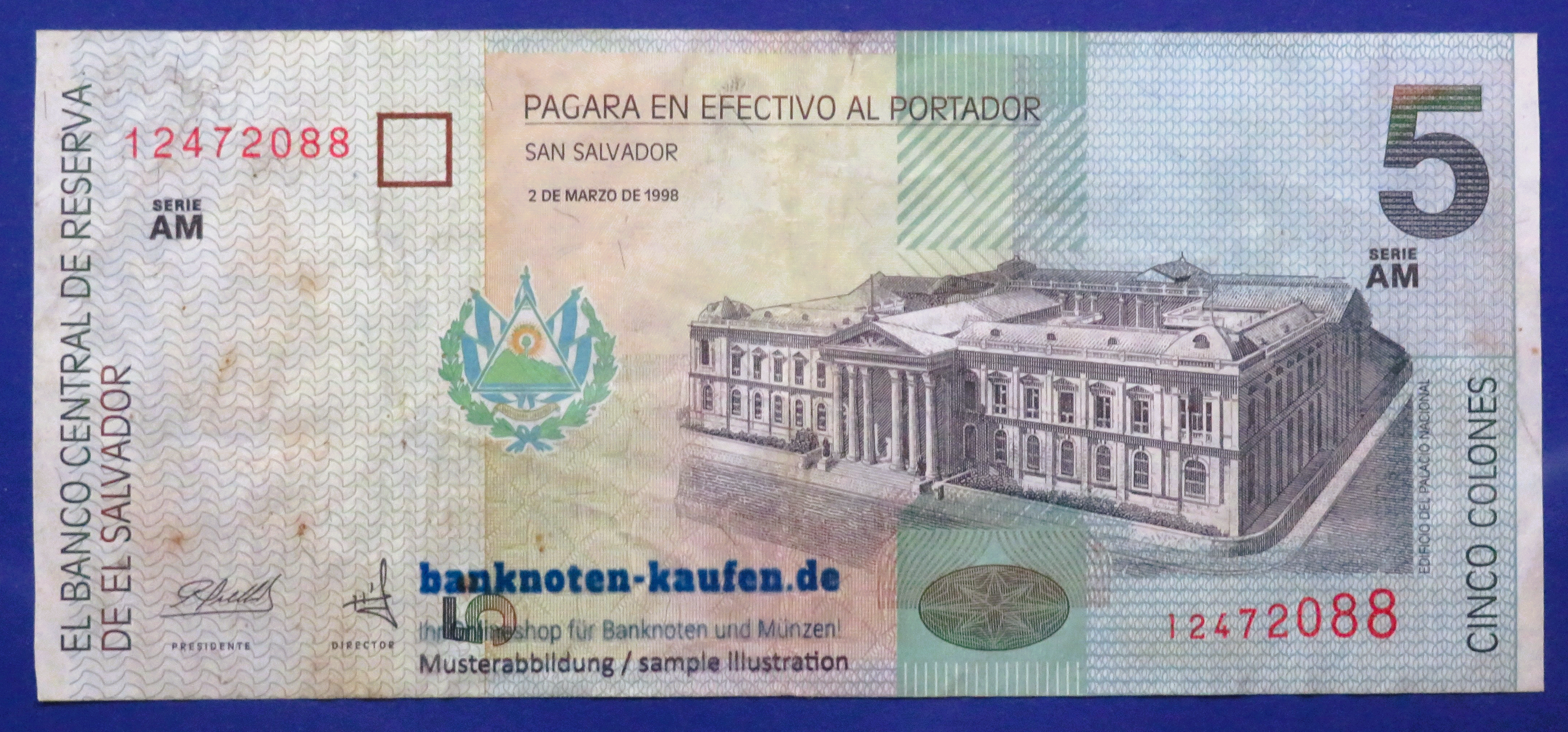 El Salvador, 5 Colones, 1998, circulated (USED / F-VF), P-147