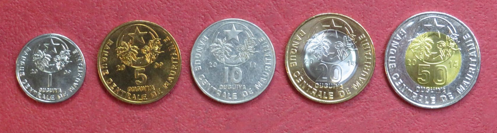 Mauritania, Set of 5 coins, 1-50 Ouguiya, 2009-2014, uncirculated (UNC)