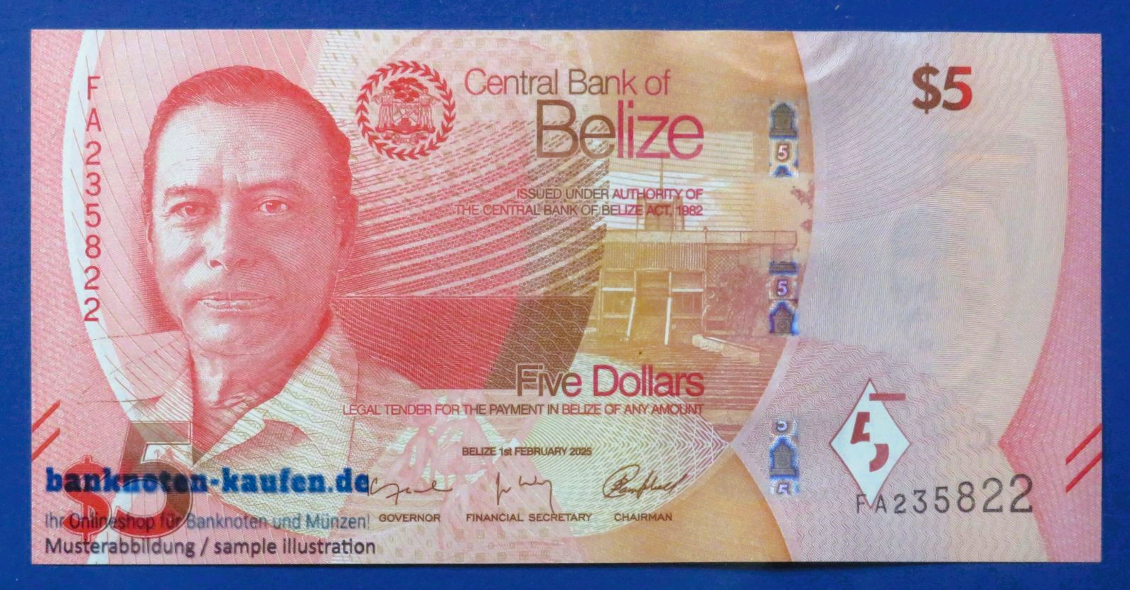 Belize, 5 Dollars, 2025, uncirculated (UNC), P-74