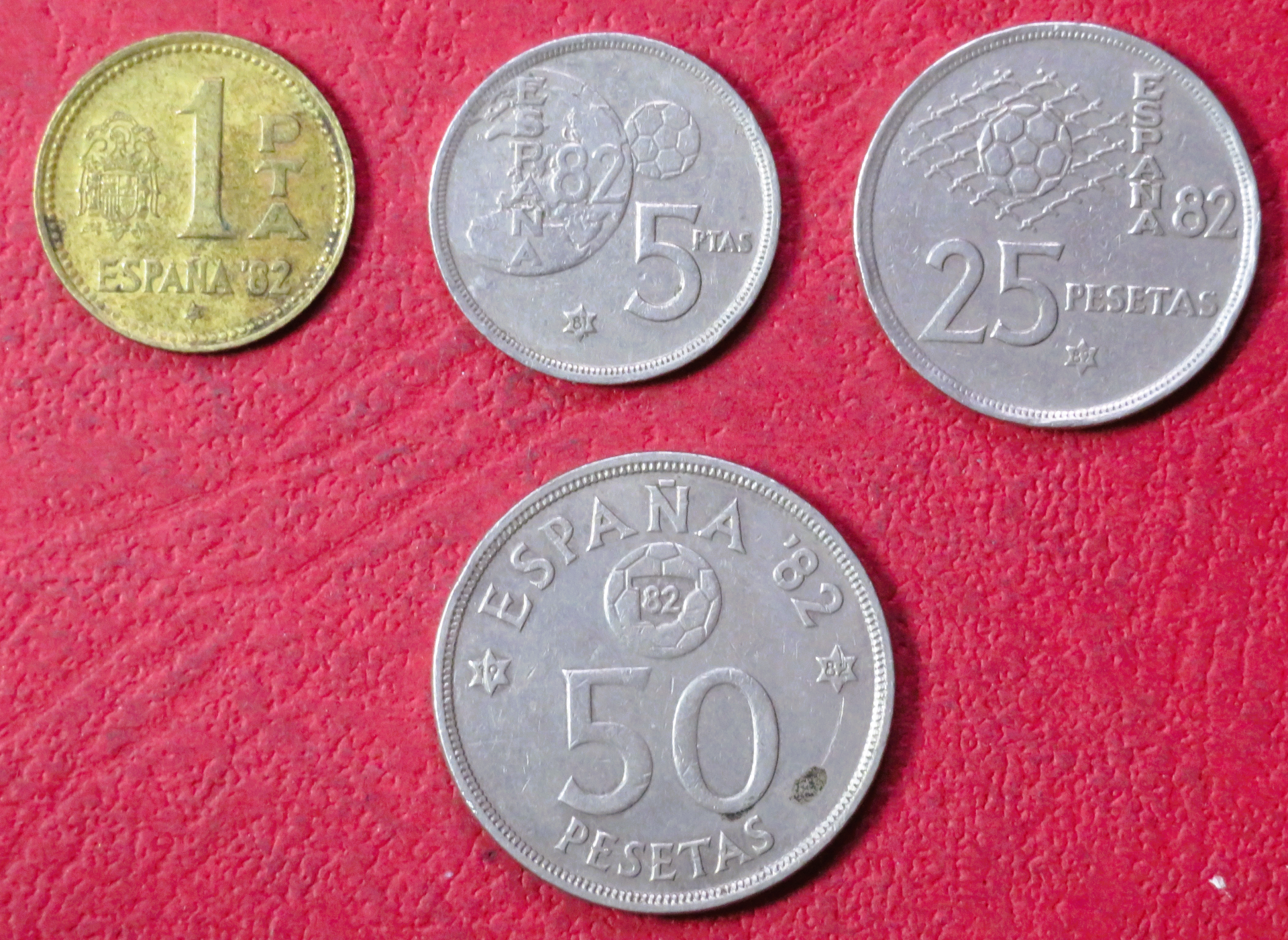 Spain - Set 5:  4 coins, 1-50 Pesetas, 1980, circulated (USED / vf), Worldcup `82 Spain