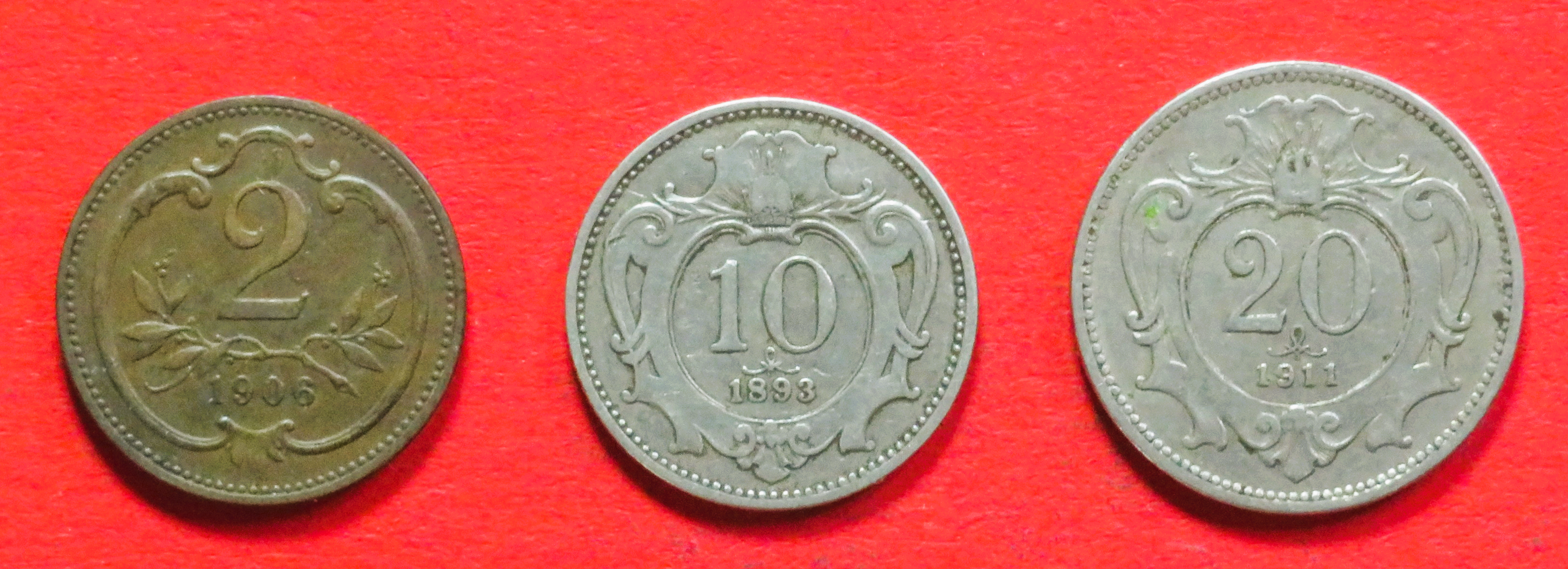 Österreich - Set 1: 2/10/20 Heller, 1892-1915, gebraucht (used / ss+), # 4-6