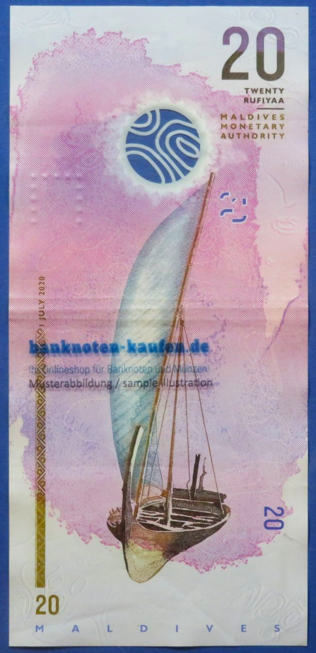 Malediven, 20 Rufiyaa, 2020, gebraucht (USED / VF), Polymer, P-27b
