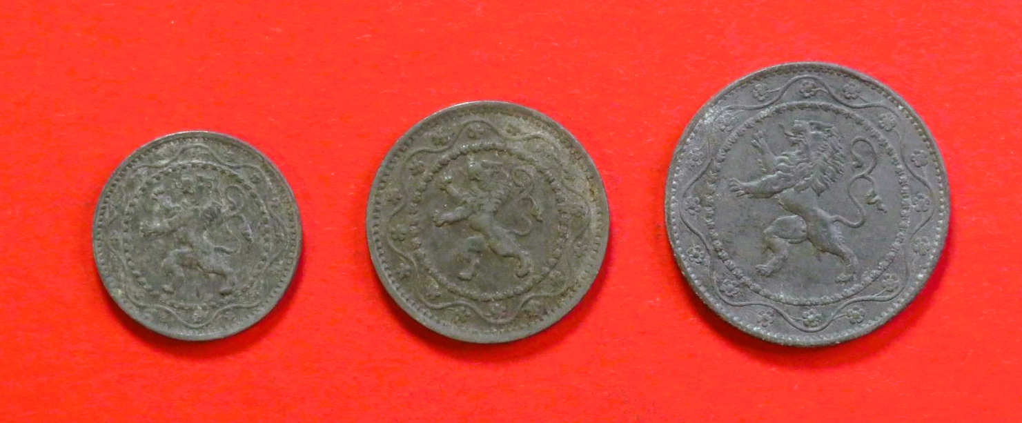 Belgien - Set 5:  5/10/25 Centimes (Zink), 1915-1917, gebraucht (USED / ss)