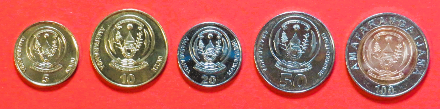 Rwanda, 5/10/20/50/100 Francs, 2007+, uncirculated (UNC)