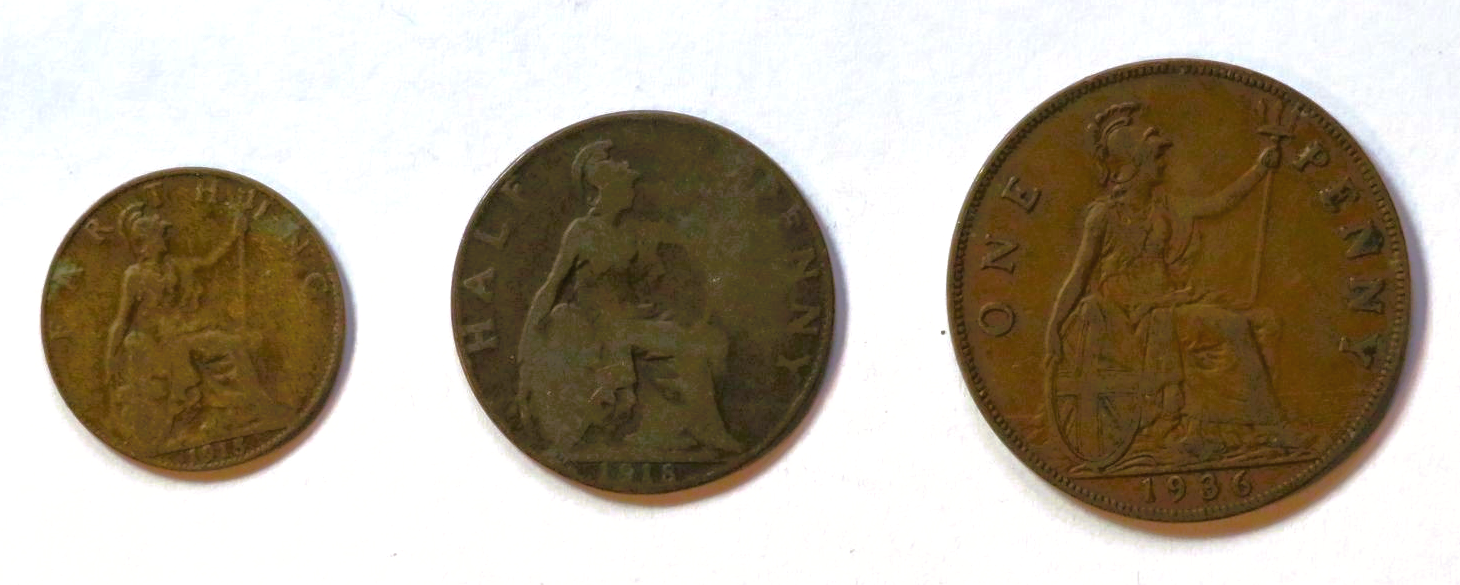 Great Britain - Set 1: 3 coins, 1/4 - 1 Penny, 1910-1936, circulated (USED / f), George V.