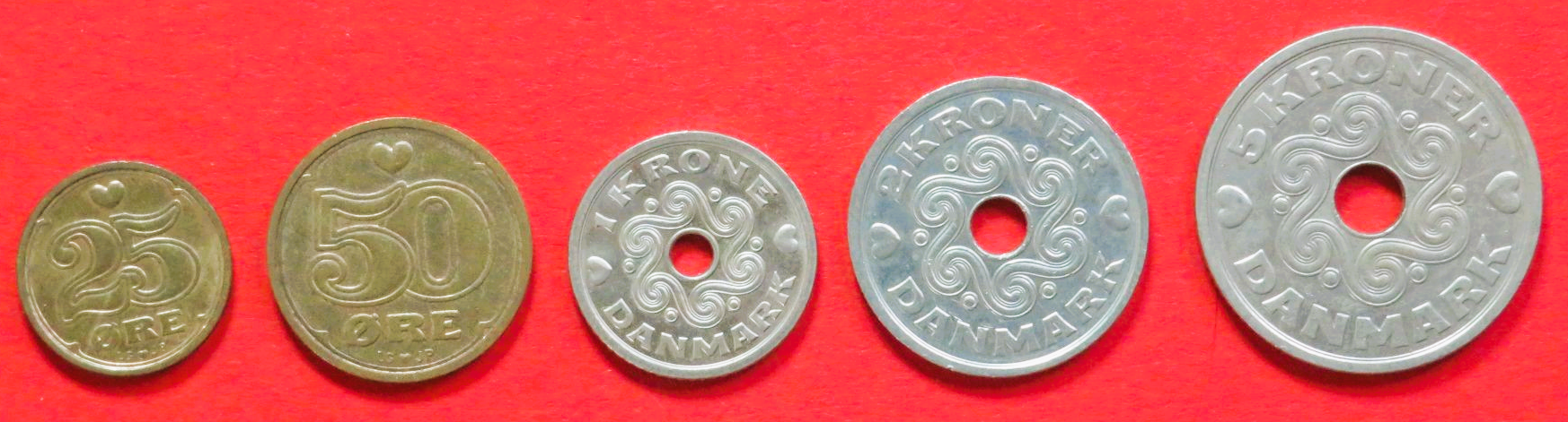 Dänemark - Set 5:  25/50 Öre + 1/2/5 Kroner, 1990+, gebraucht (used / ss-vz), # 84-88