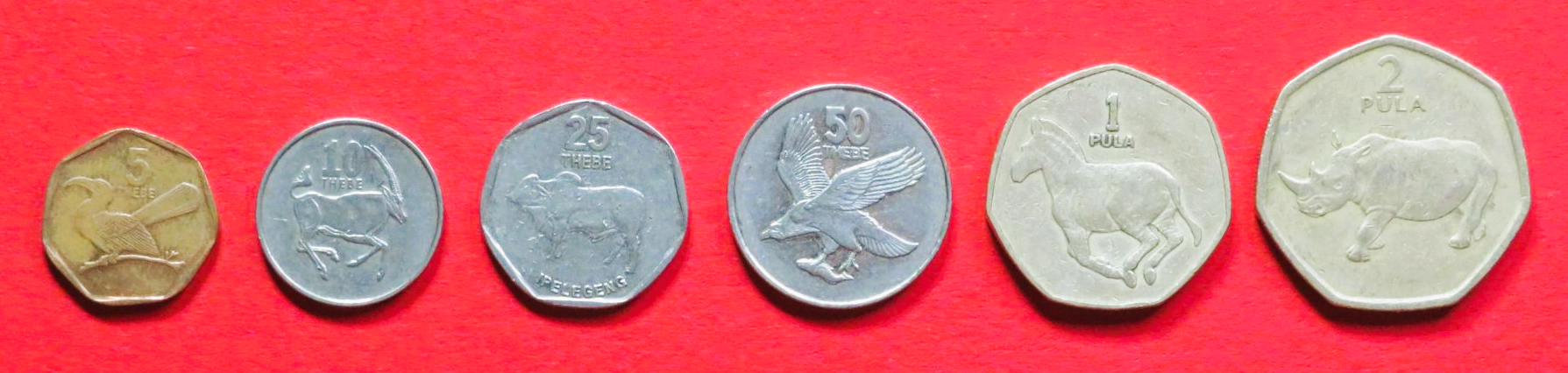 Botswana - Set 1:  5/10/25/50 Thebe + 1/2 Pula, 1998-2009, gebraucht (used / ss+)