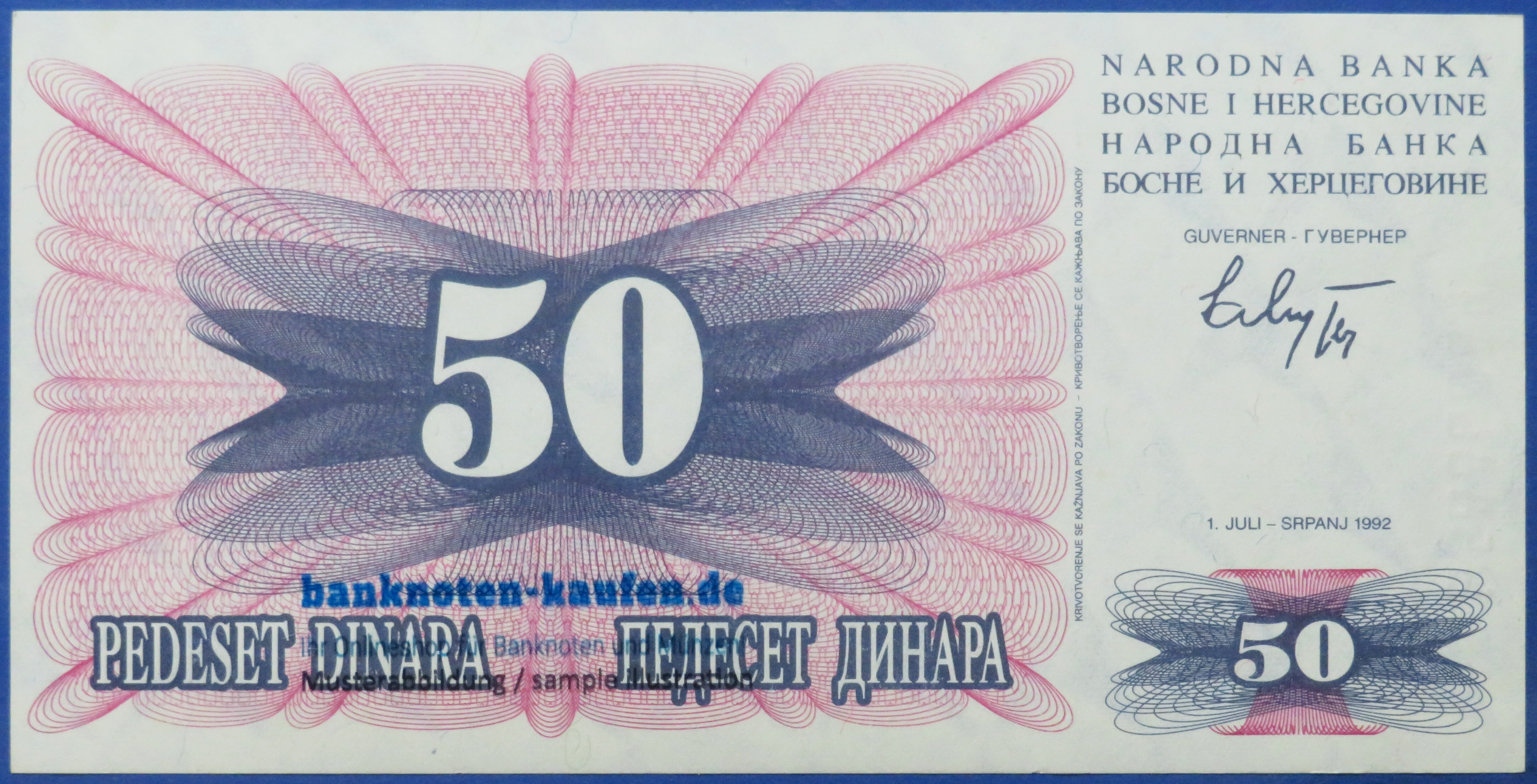 Bosnien Herzegowina, 50 Dinara, 1992, fast kassenfrisch (AU), P-12a