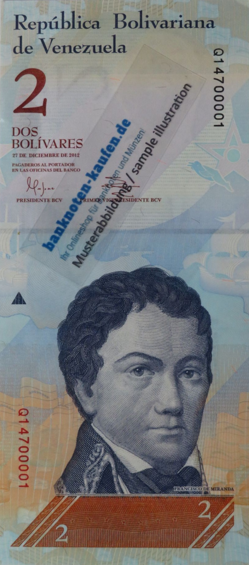 Venezuela - 2 Bolivares fuerte, 2012, extreme fine (XF), P-88e