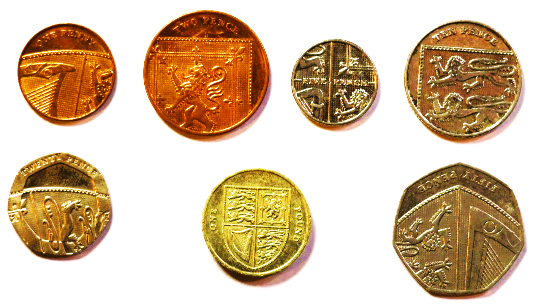 Great Britain - Set 8: 7 coins, 0,01-1 Pound, 2008-2014, circulated (USED / vf) 