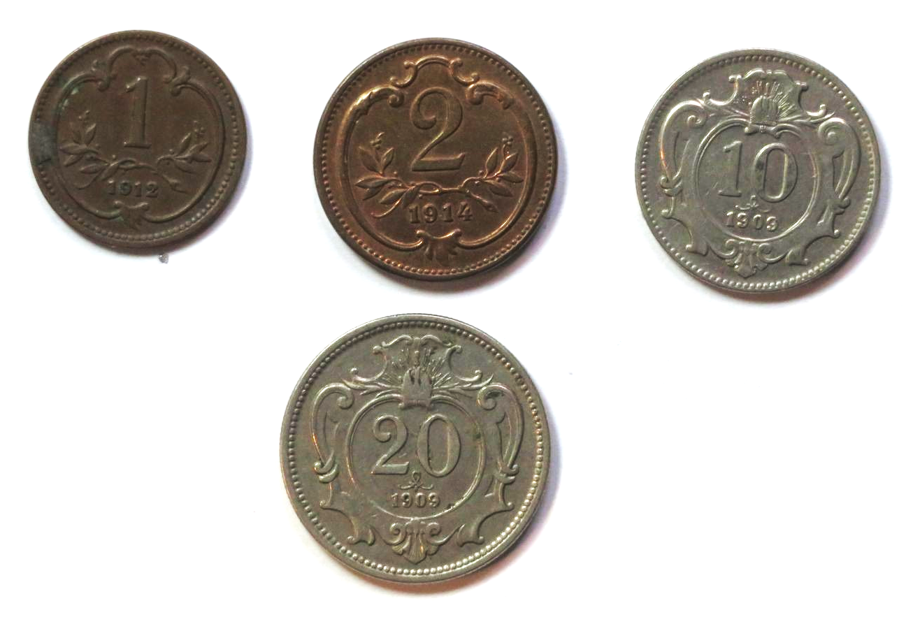 Austria - Set 1: 1/2/10/20 Heller, 1903-1912, circulated (USED / vf)
