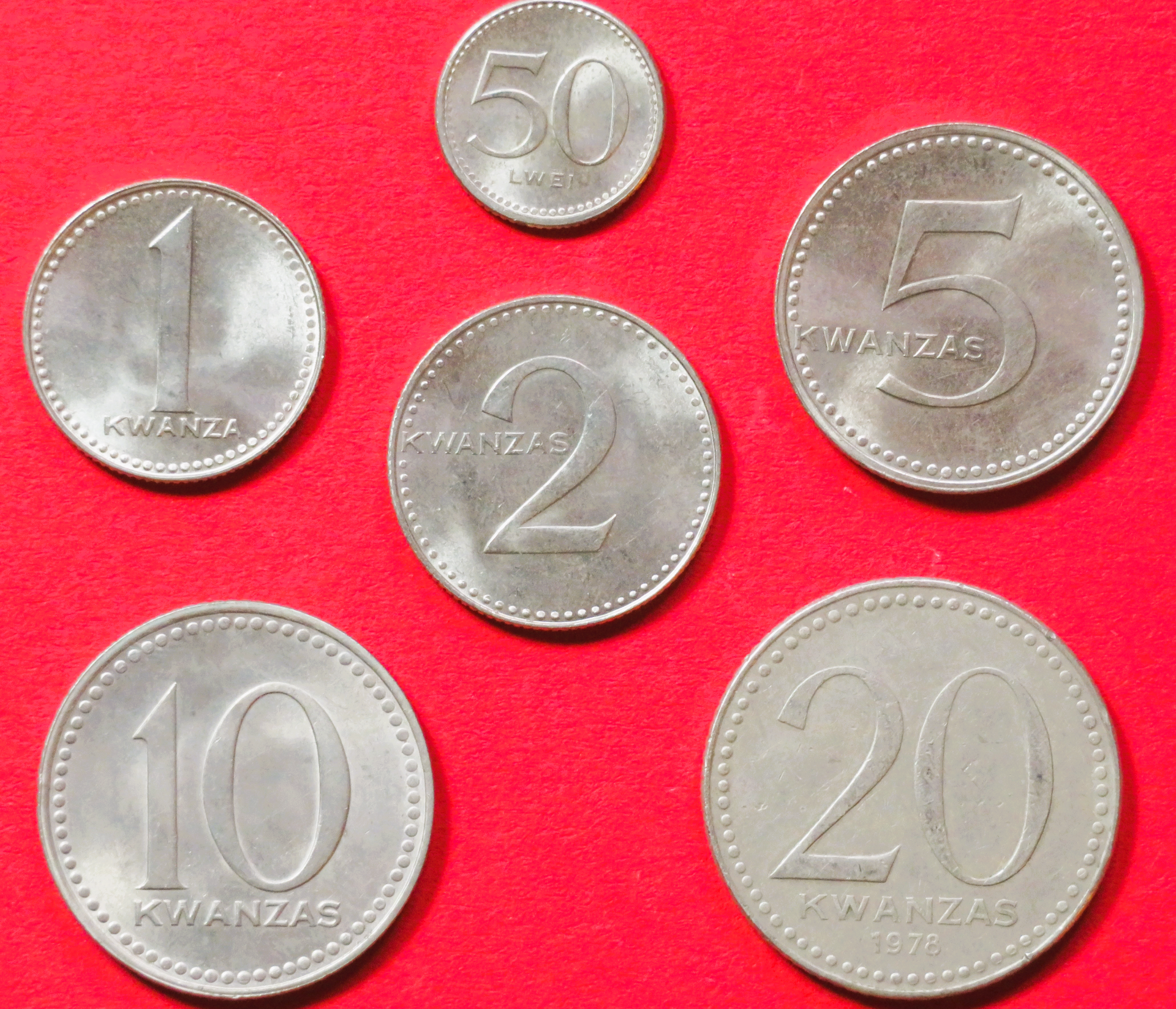 Angola: 50 Lwei + 1/2/5/10/20 Kwanzas, 1977-79ND, circulated (USED / vf-xf), #26-31