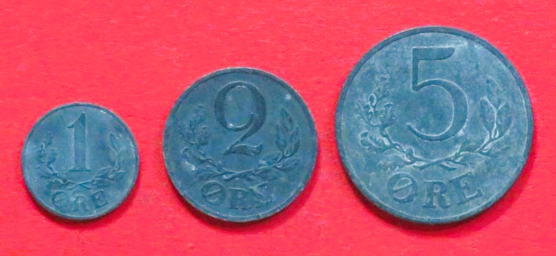 Dänemark - Set:  1/2/5 Öre, 1943/1942, gebraucht (used / ss), # 45a/46a/47a