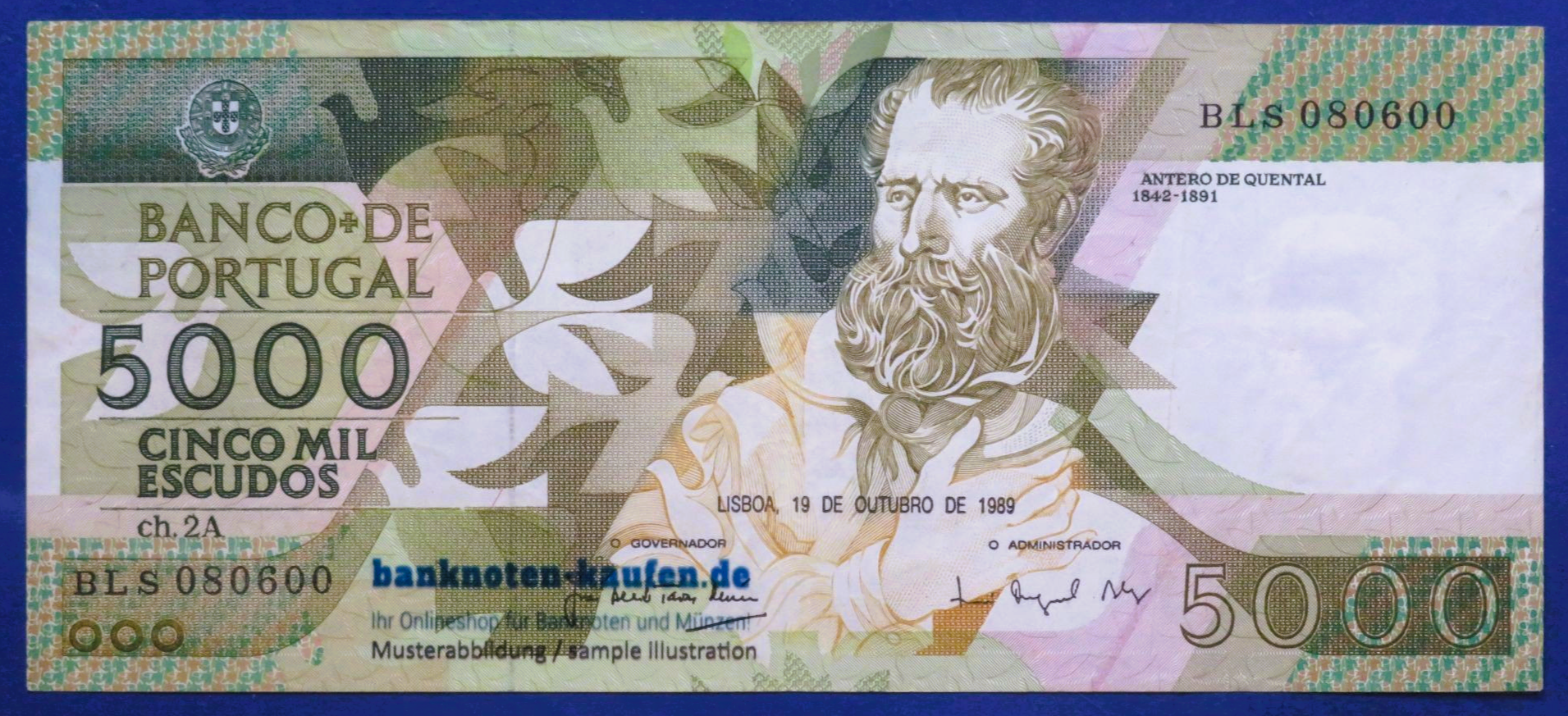 Portugal - 5,000 Escudos, 1989, circulated (USED / VF+), P-184c