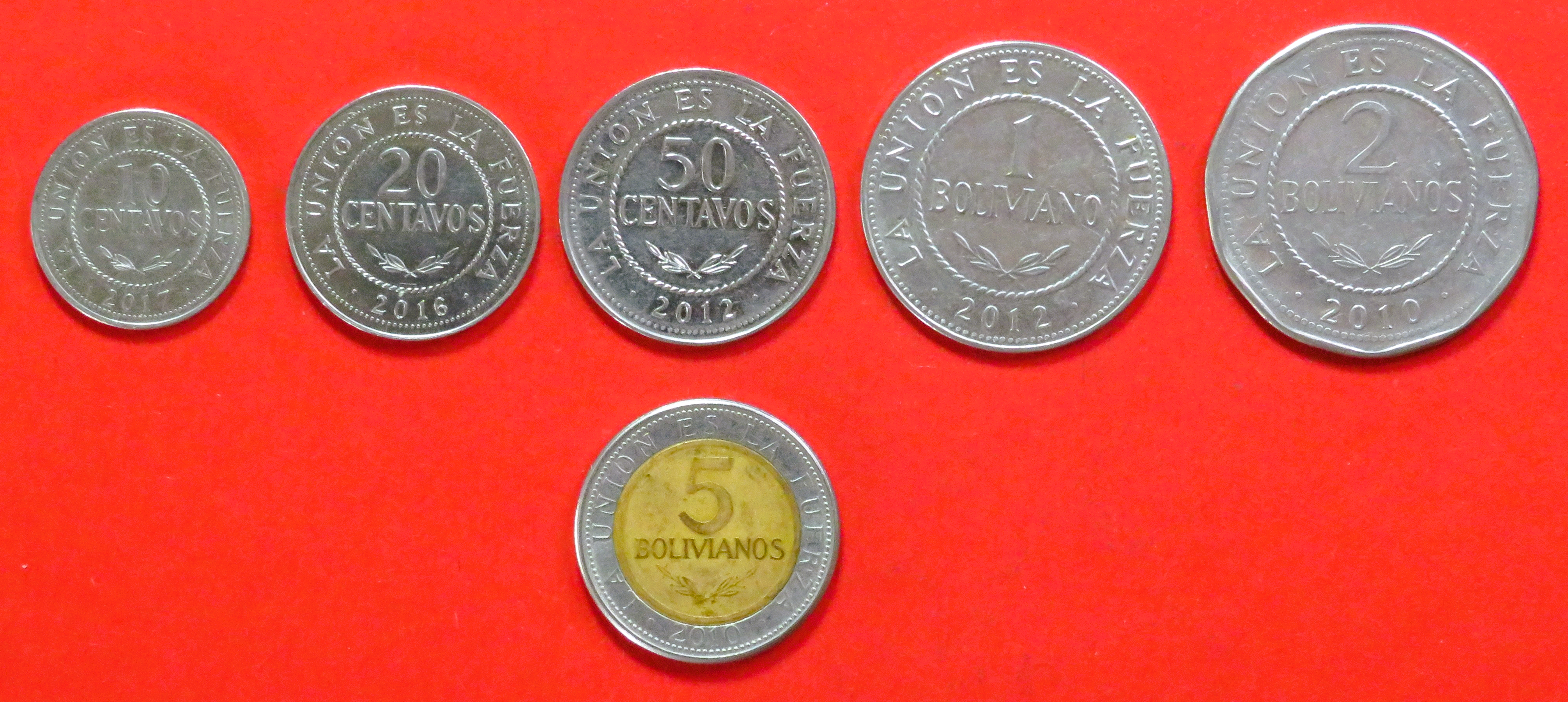 Bolivien - Set 1:  10/20/50 Centavos + 1/2/5 Bolivianos, 2010+, gebraucht (used / ss)