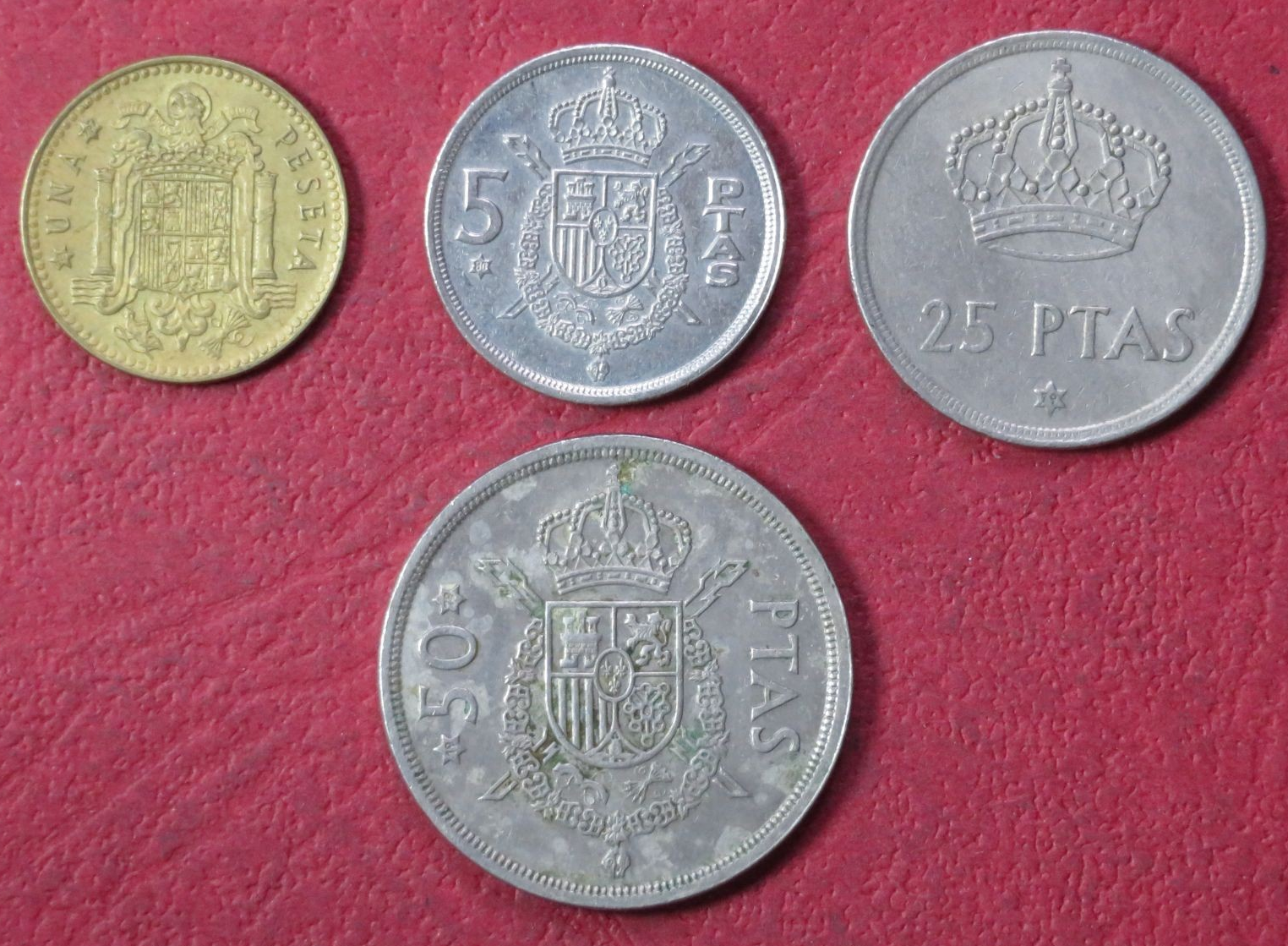 Spain Set 4:  4 coins, 1-50 Pesetas, 1975, circulated (USED)     