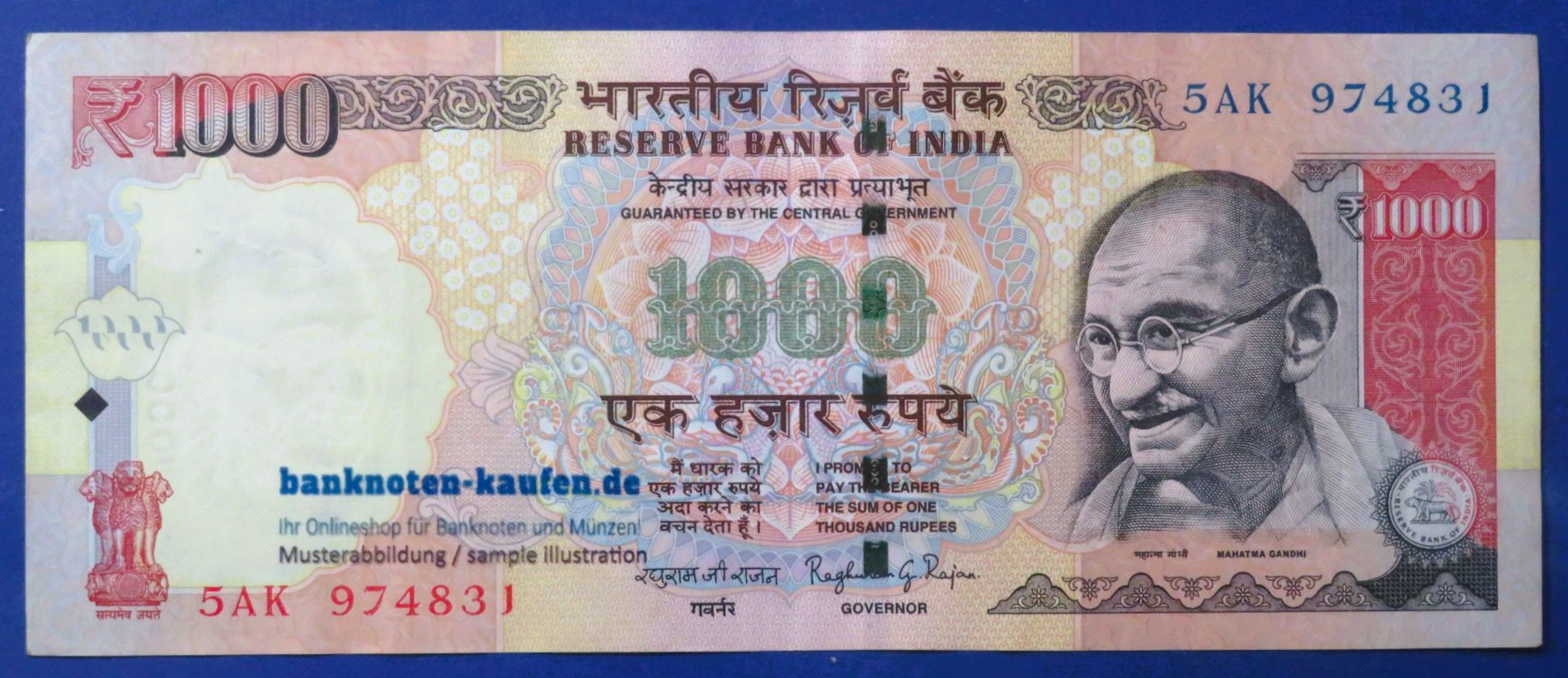 India - 1,000 Rupees, 2014, circulated (USED/ VF+), P-107