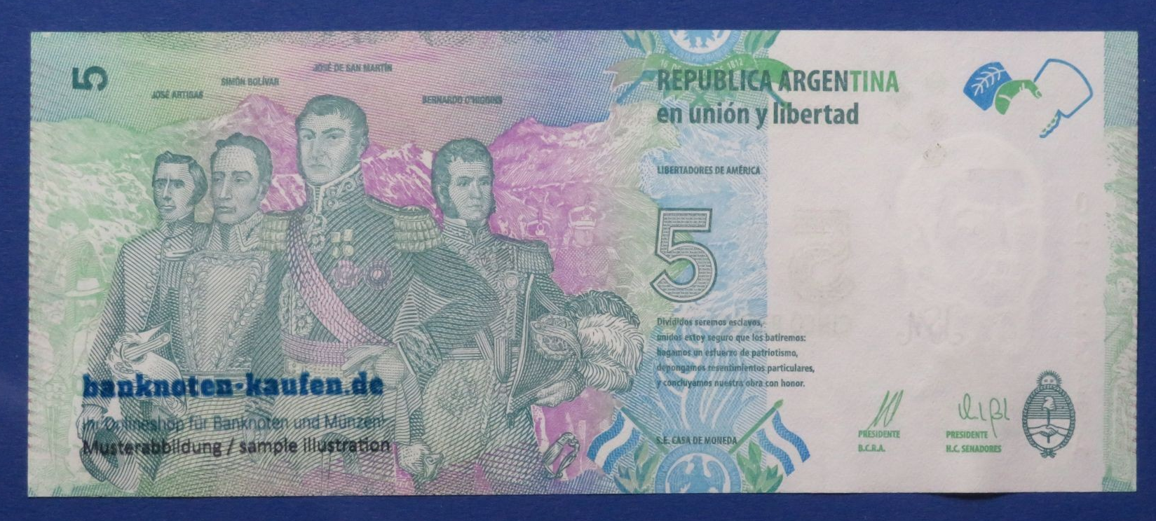 Argentinien, 5 Pesos, 2015ND, kassenfrische Erhaltung (UNC), P-359