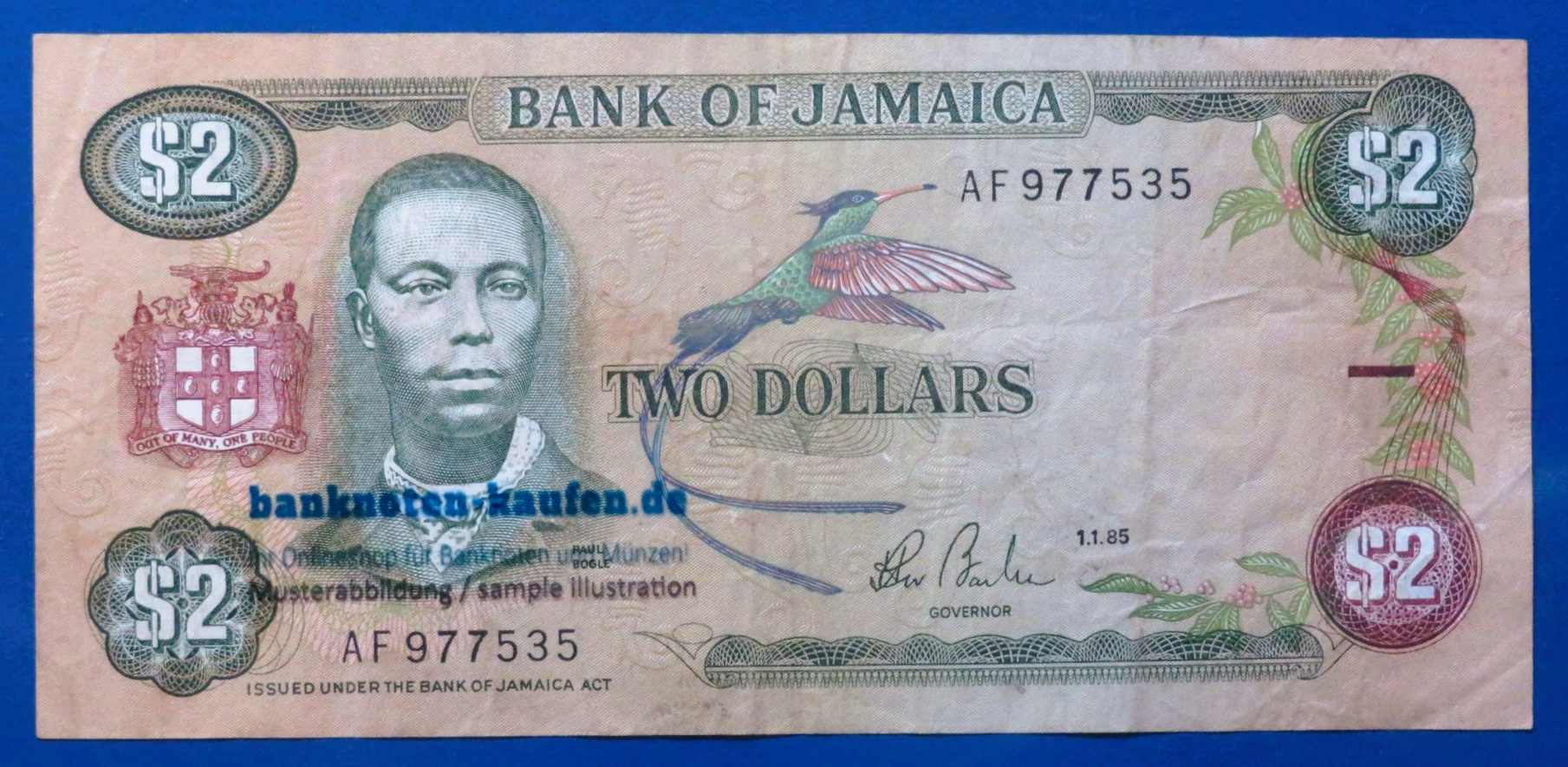 Jamaica, 2 Dollars, 1985, circulated (USED / VF), P-69a