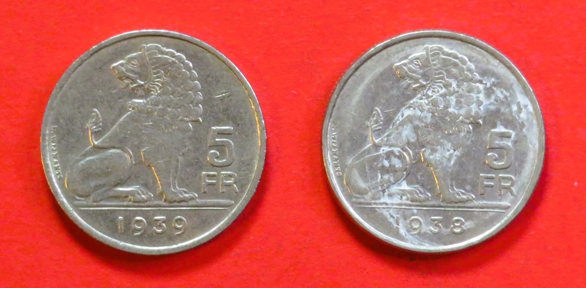 Belgien - Set 7:  5 Frank + 5 Francs (nl-frz / frz-nl), 1938-1939, gebraucht (USED / ss)