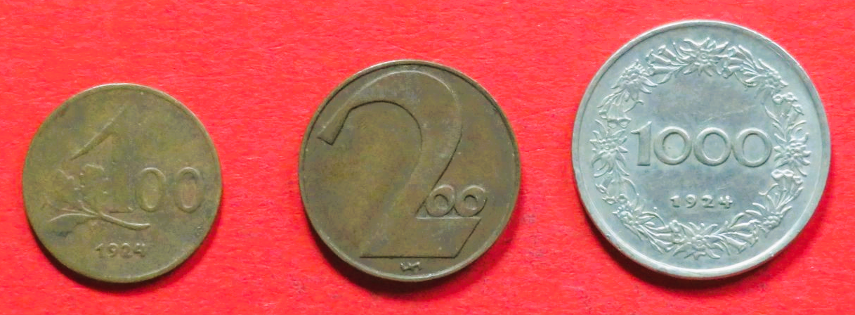 Österreich - Set 3: 100/200/1.000 Kronen, 1923-1924, gebraucht (used / ss), # 34-36