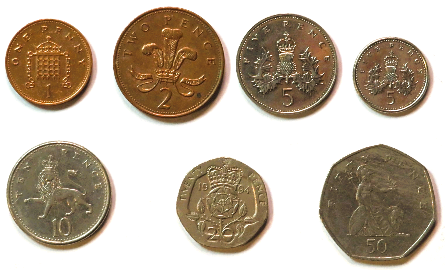 Great Britain - Set 6: 7 coins, 1-50p + 5p "smaller type", 1985-1997, circulated (USED / vf), Elizabeth II. 