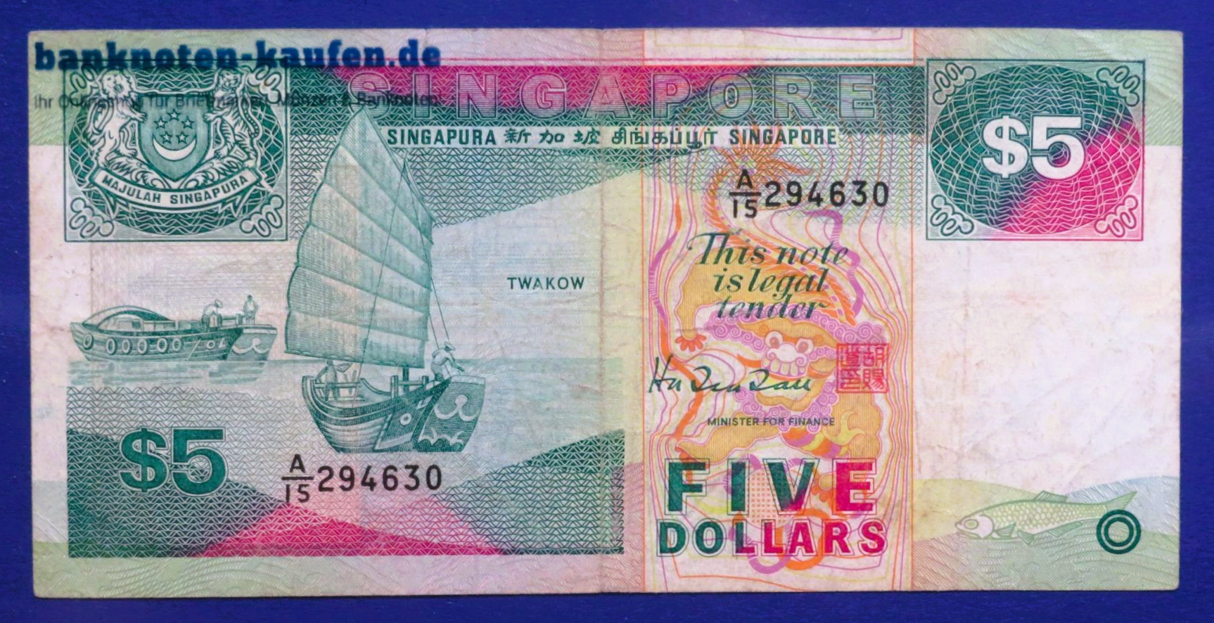 Singapore, 5 Dollars, 1989ND, circulated (USED / F), P-19