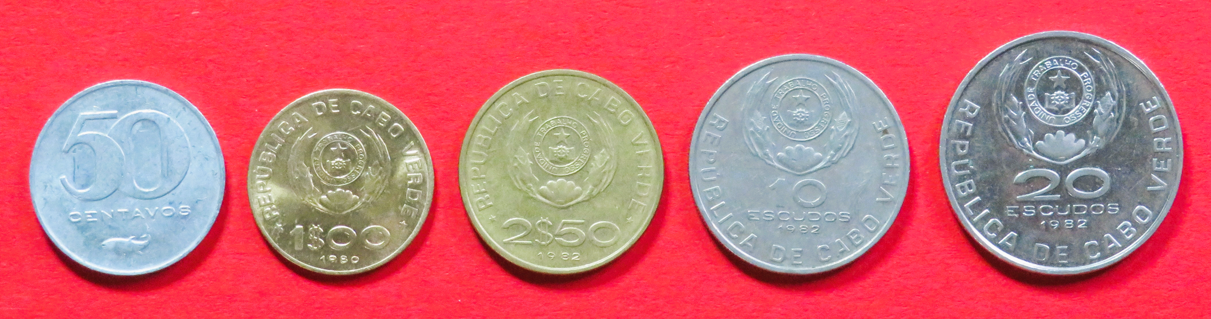 Cape Verde - Set:  50 Centavos + 1/2.5/10/20 Escudos, 1977-1982, circulated (used / vf), # 16-20