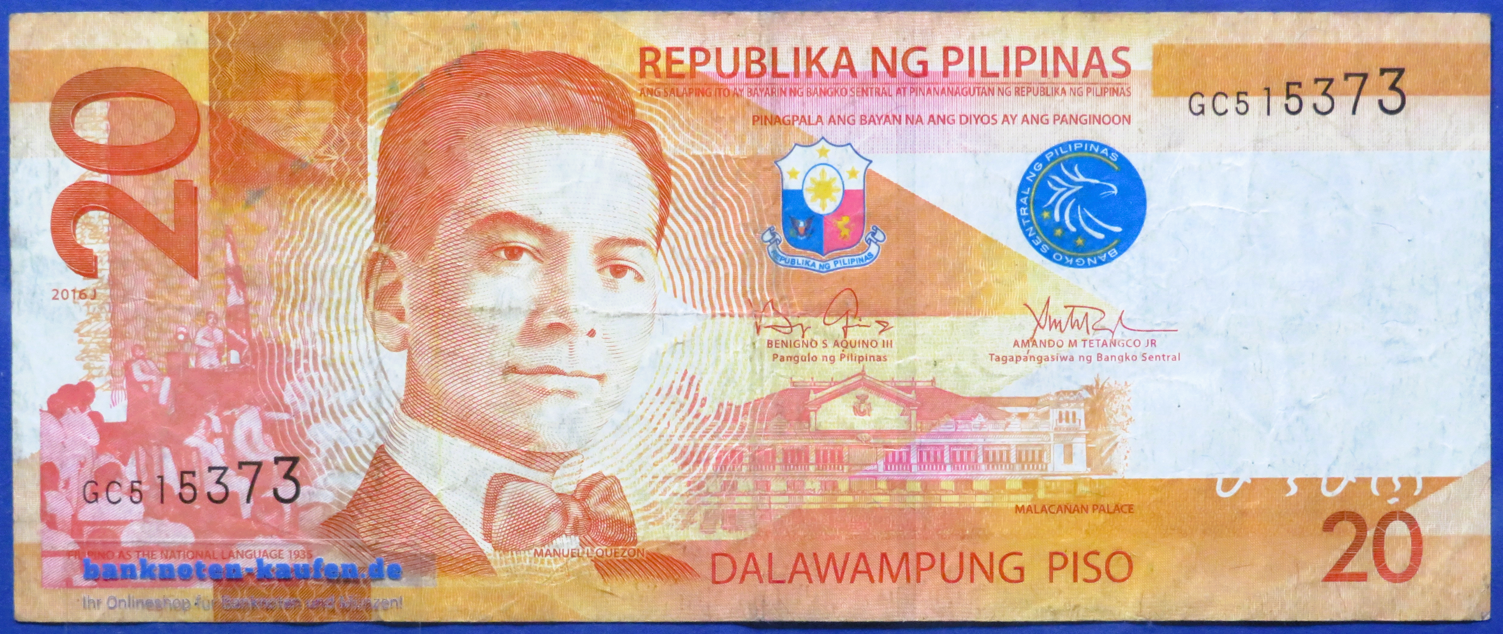 Philippinen, 20 Piso, 2016J, gebraucht (USED / VG), P-206a