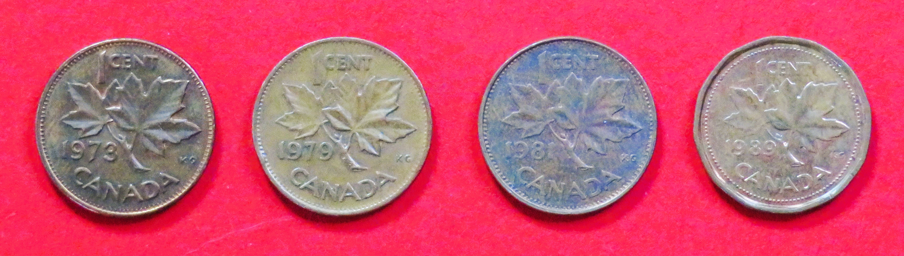 Canada - Set:  4 x 1 Cent (variants), 1965-1989, circulated (used / vf), # 58.1/58.2/58a/59